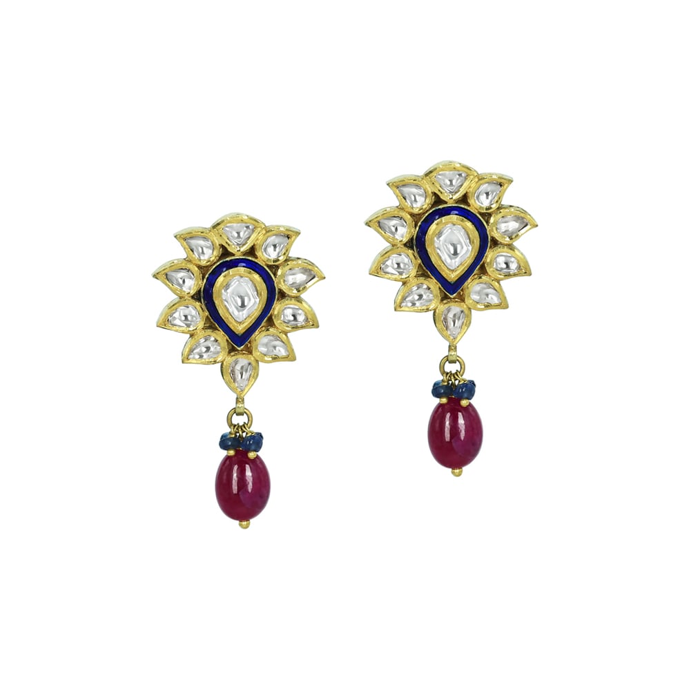 Floral Polki Earrings with Blue Meenakari and Ruby Drops
